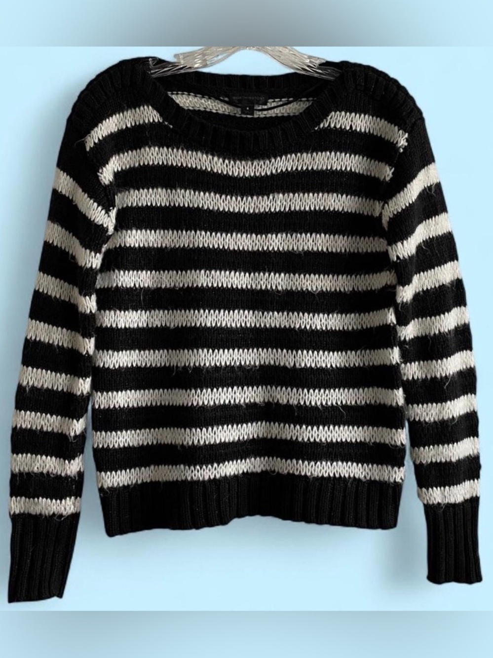 Worthington Cozy Black White Parisian Striped Chunky Knit Sweater Small